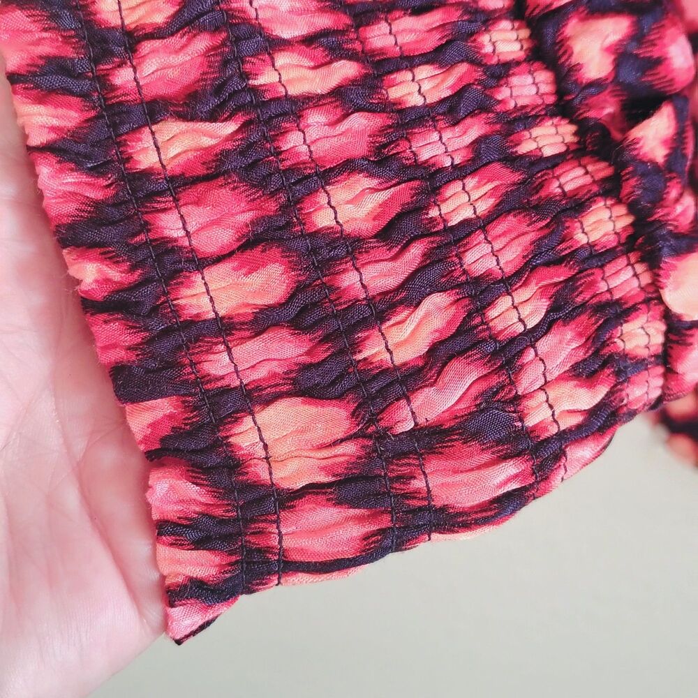 Chico’s Size 3 US 16 Pink Black Ikat Print Button Front Blouse Smocked Cuffs - Picture 3 of 8